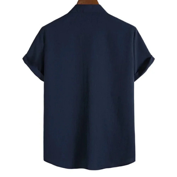 Navy Blue Preppy Mens Solid Button Up Shirt - Picture 2 of 4